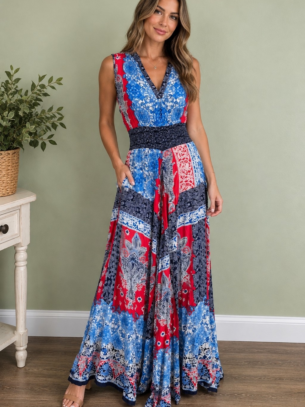 Billa Women’s Small Maxi Dress Boho Paisley Colorful Rayon Handkerchief Hem